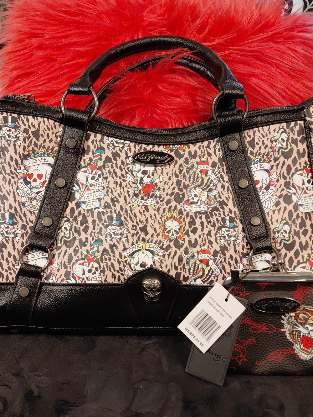 Ed Hardy Black Leather-Trim Leopard Tote with Colorful Tattoo Prints/coin Purse